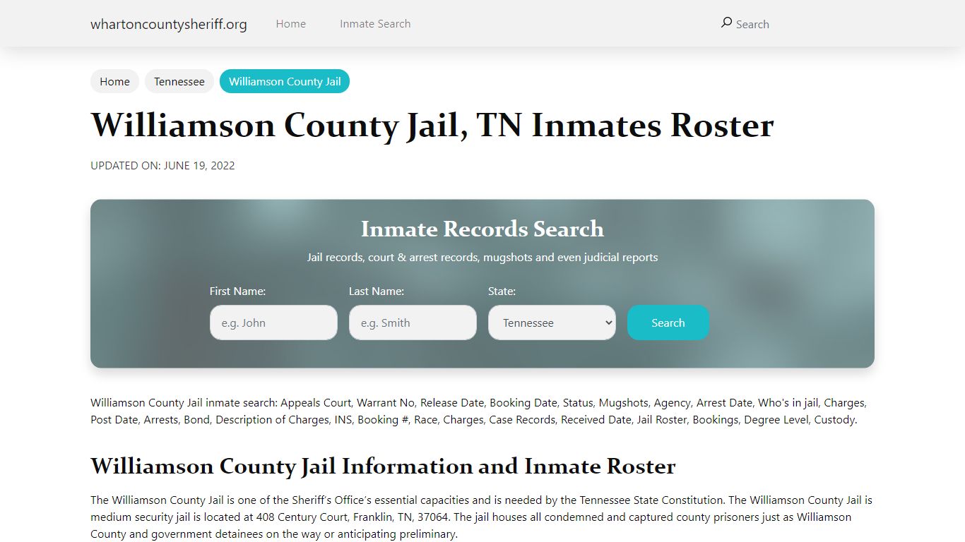 Williamson County Jail, TN Jail Roster, Name Search